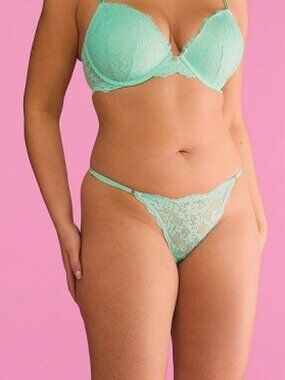 VICTORIA SECRET Dream Angels V-String Thong Panty SZ L Aqua Blue Lace Waterfall